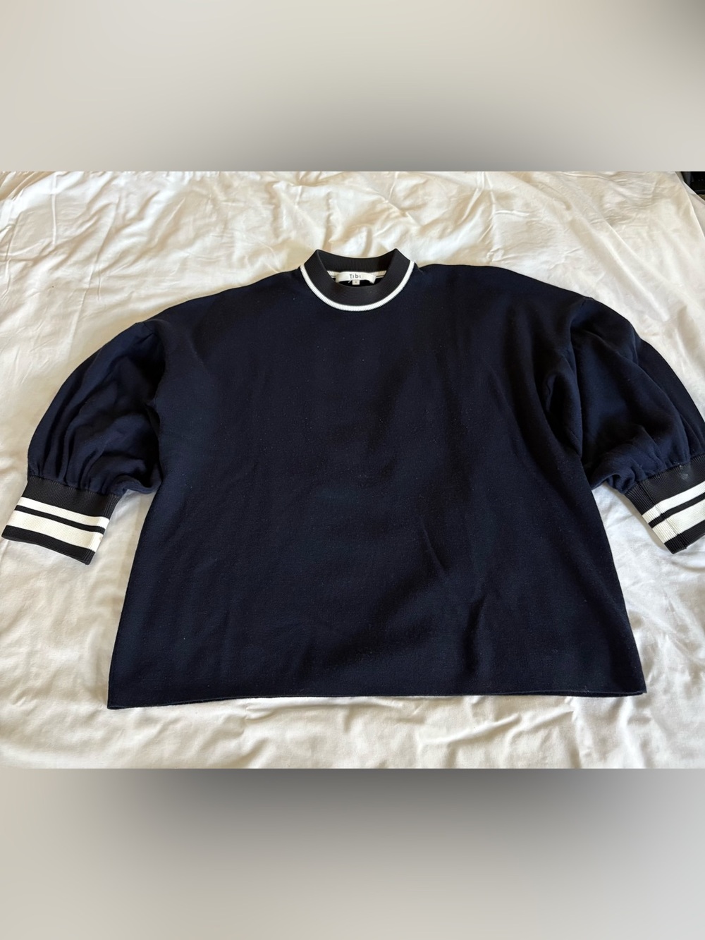 Tibi Navy Crewneck Sweater with White Trim
